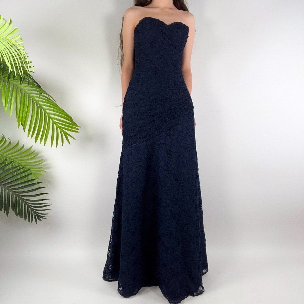 Vintage Y2K Blue Floral Lace Whimsygoth Strapless Maxi Prom Evening Dress / 0
